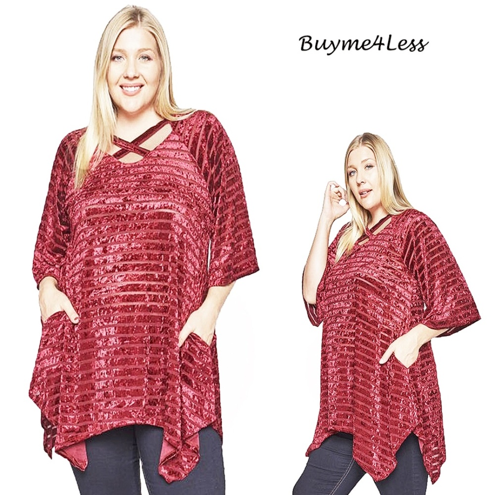PLUS SZ Burgundy Velvet Burnout Peasant Tunic Top
